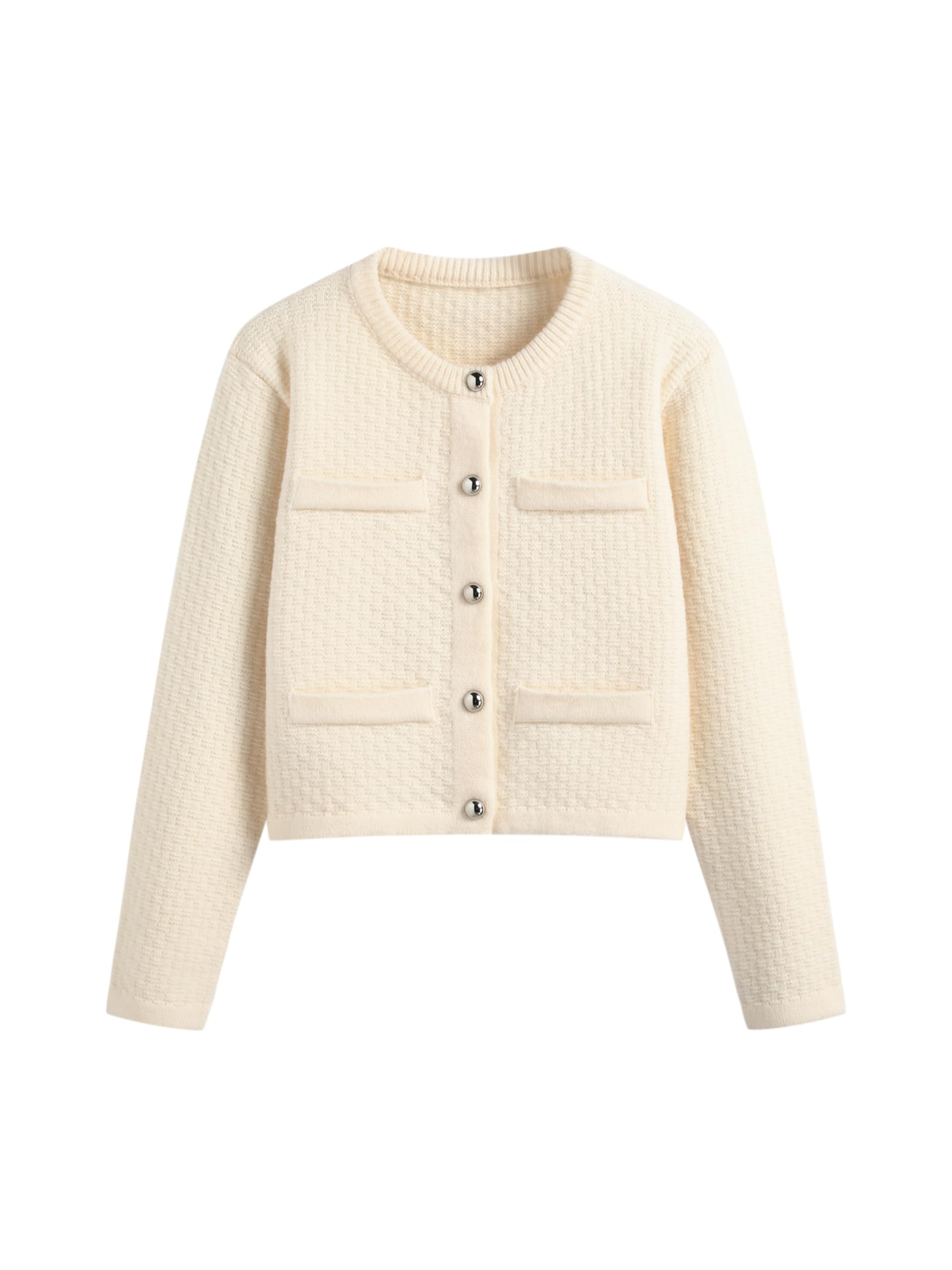 Cream-colored four-pocket terry knit cardigan