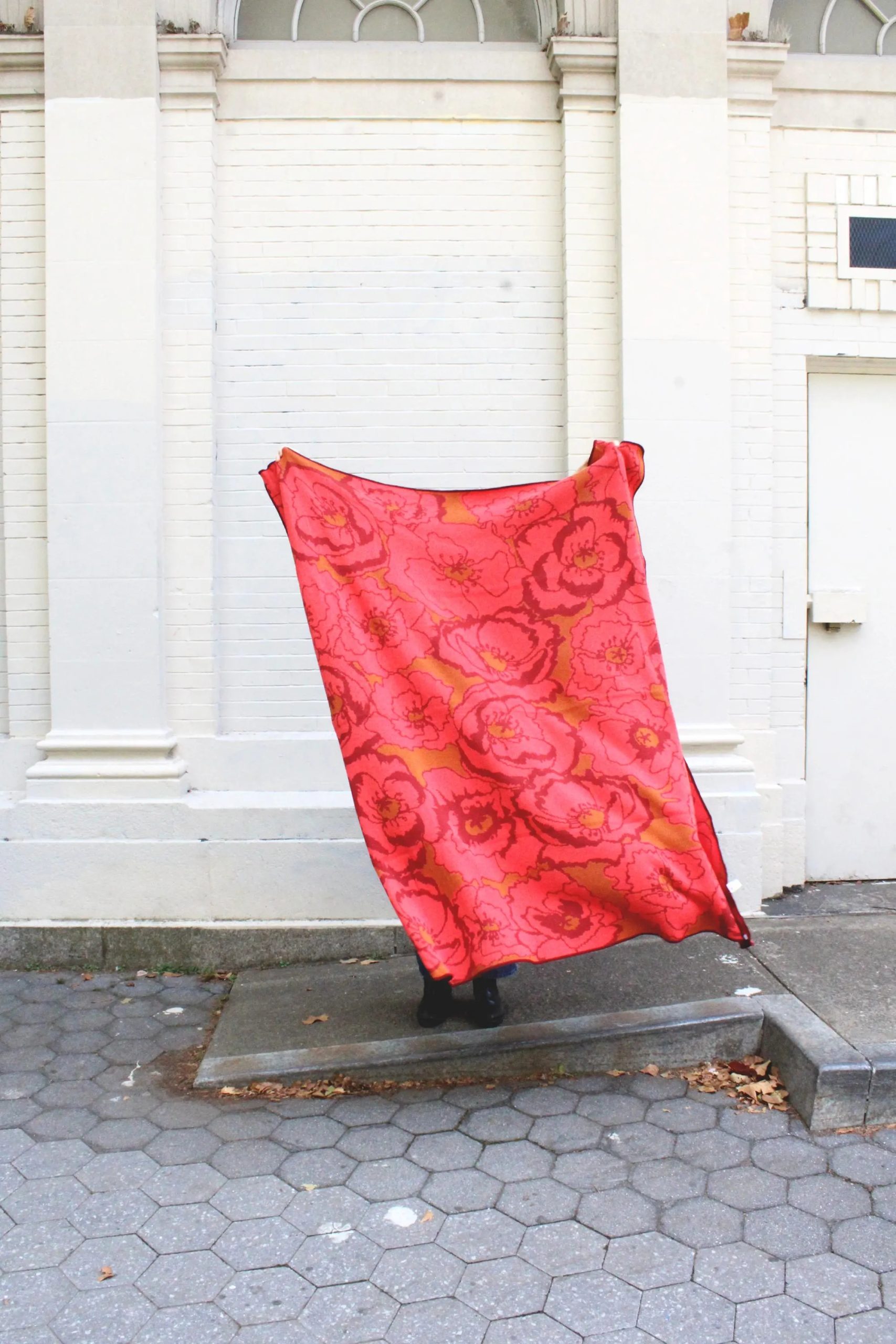 Bright red peony jacquard blanket