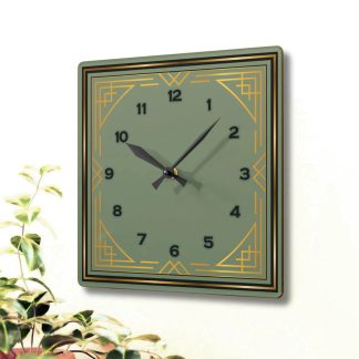 Retro green and gold geometric square clock