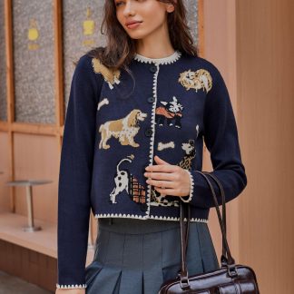 Navy blue dog jacquard knit cardigan