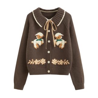 Brown lambswool jacquard knit cardigan