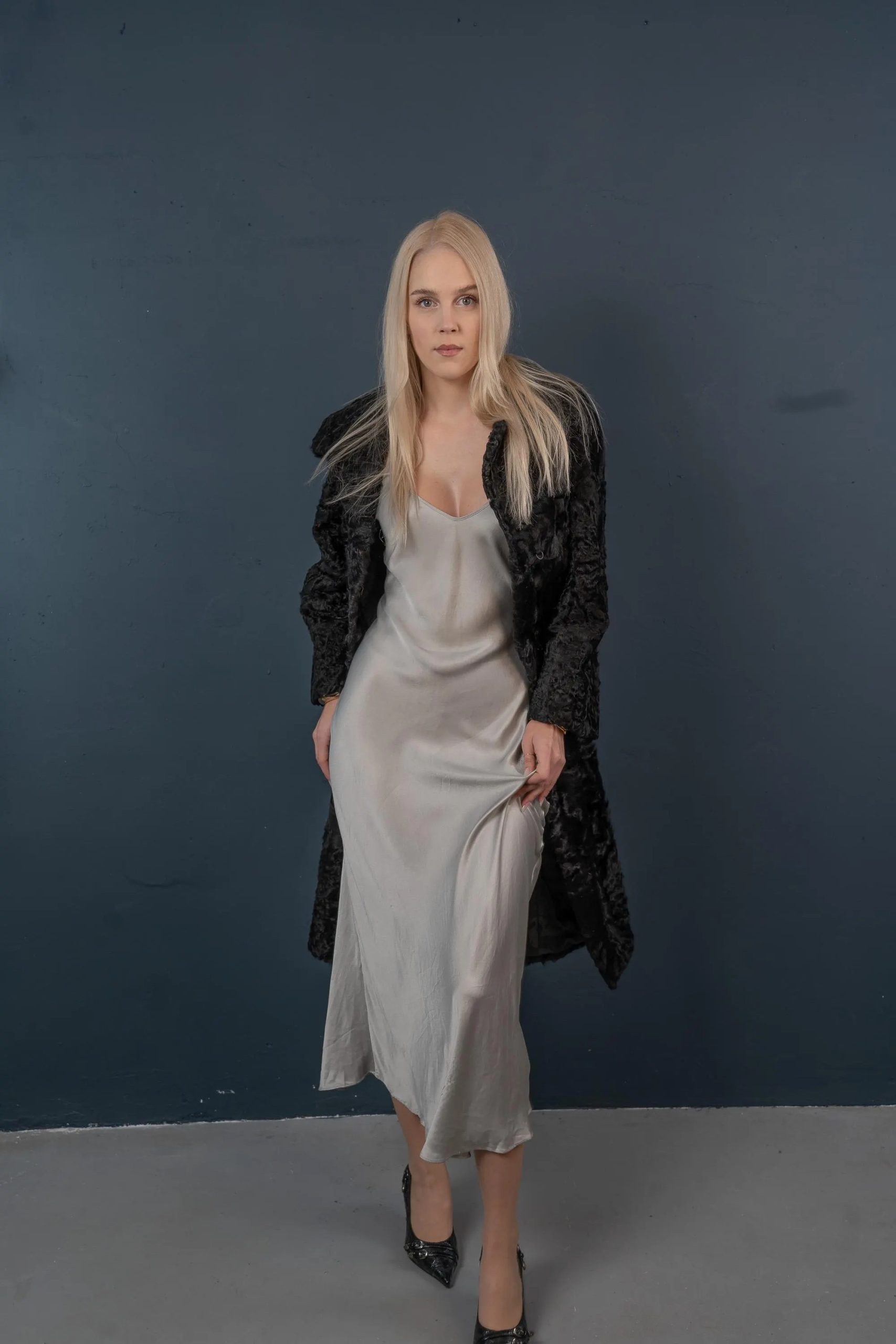 Faux fur textured evening coat