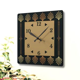 Retro black and gold fan-shaped artistic square clock