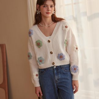 3D Crochet Flower V-Neck Cardigan