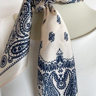 Beige-bottomed blue and white paisley square scarf