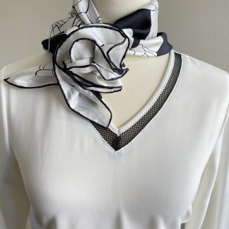 Black and white camellia line drawing square scarf