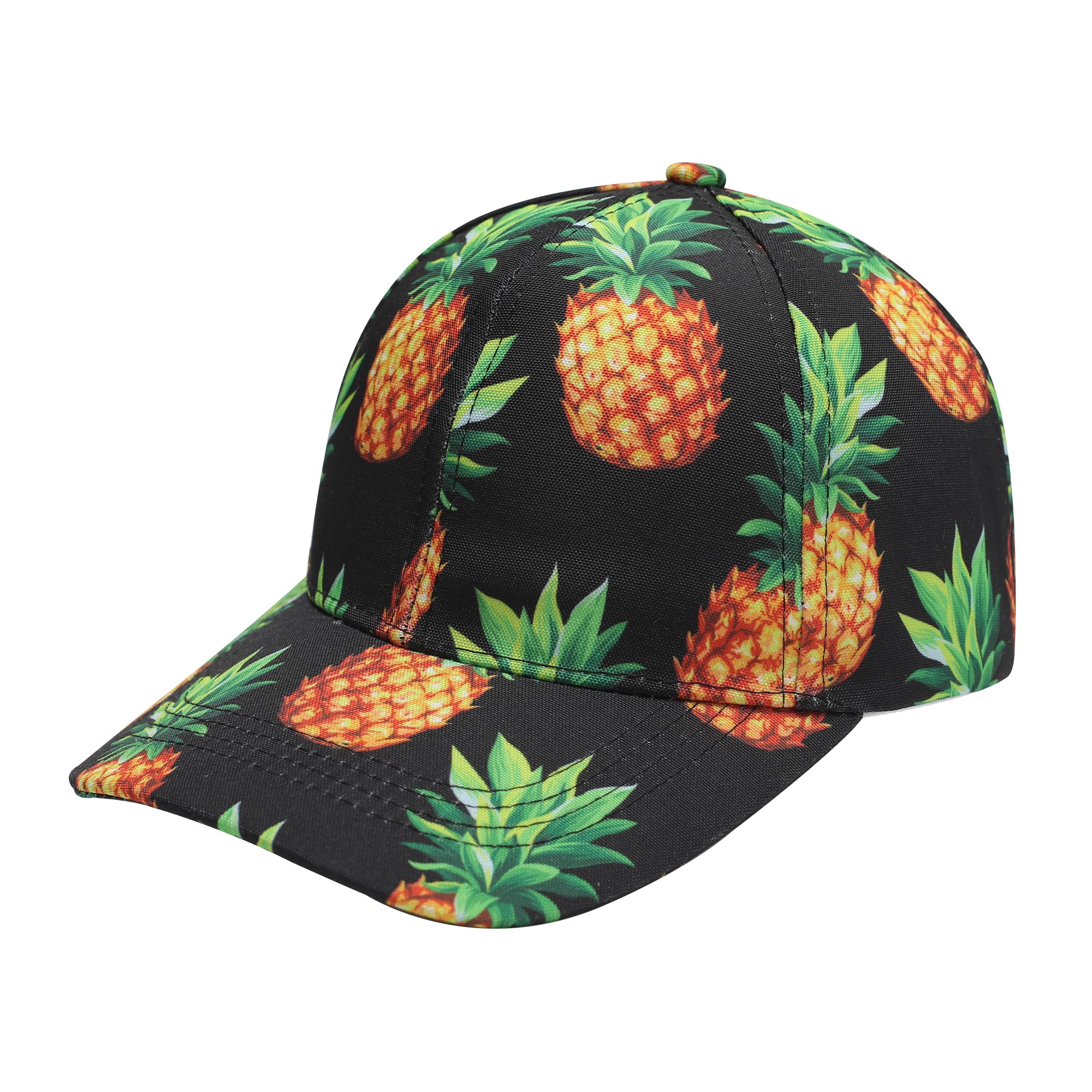 Black baseball cap with vibrant pineapple print