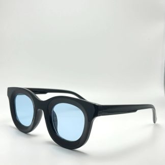 Black-framed light blue translucent oval sunglasses