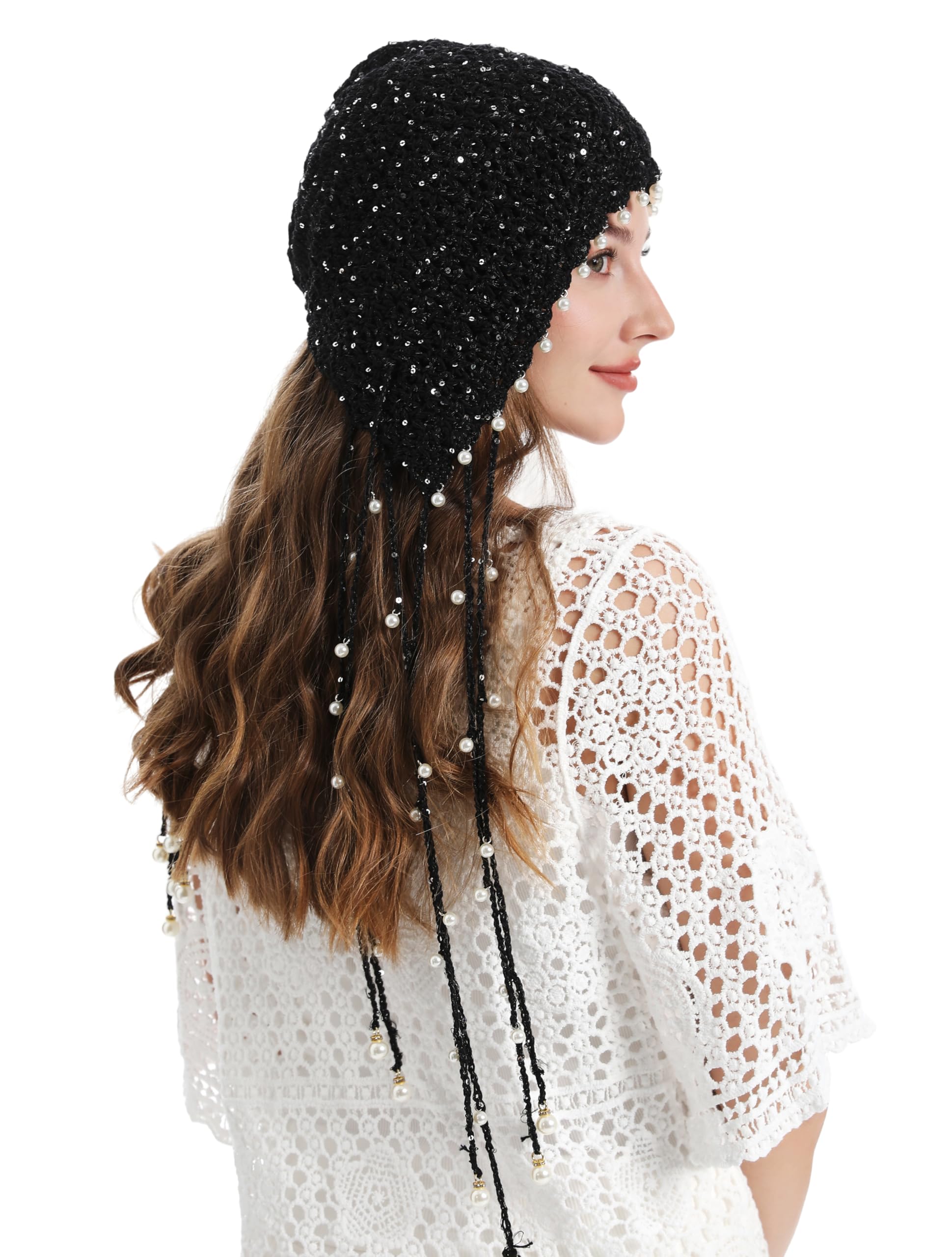 Black pearl tassel crochet cap - Image 3