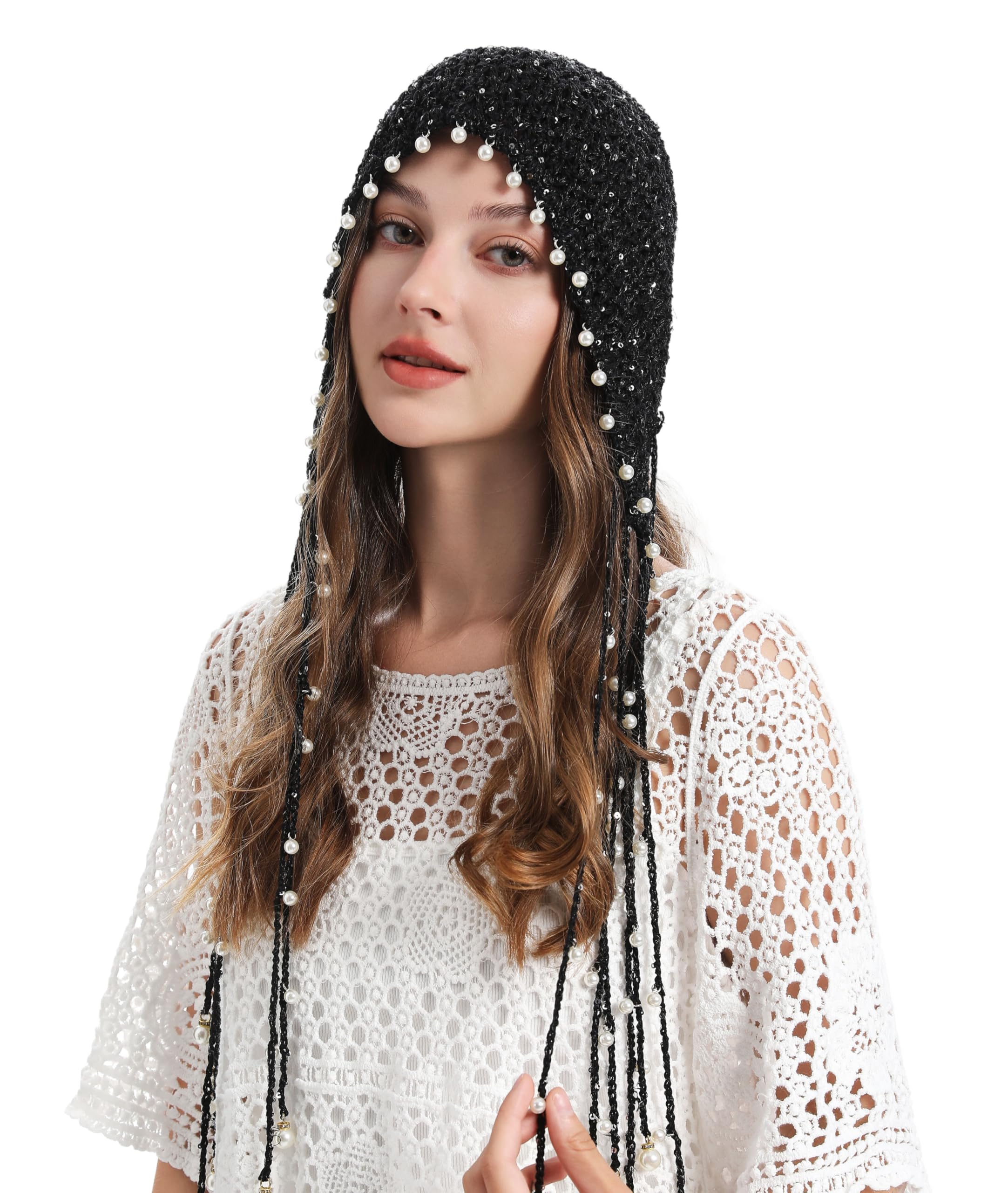 Black pearl tassel crochet cap - Image 7