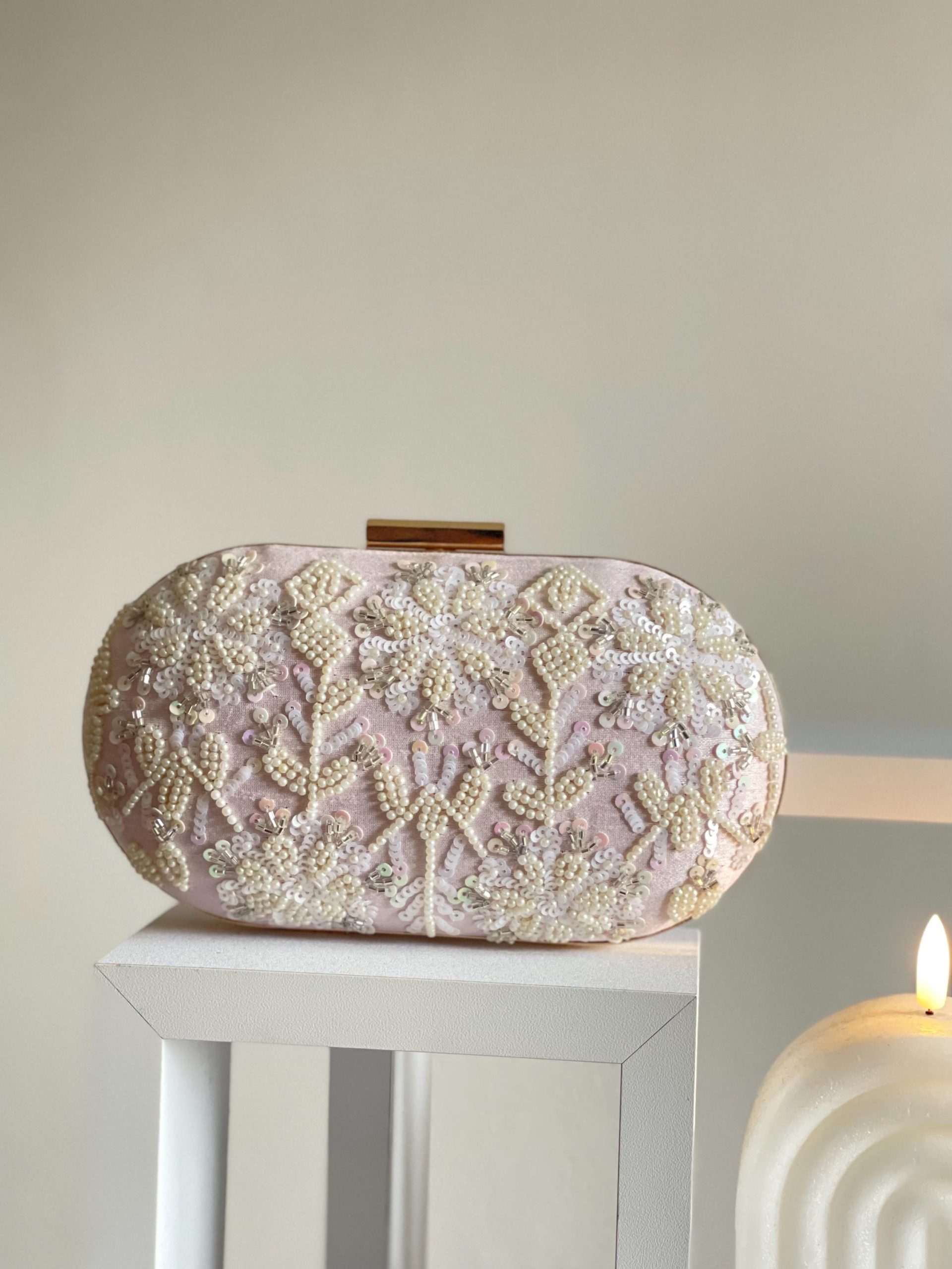 Pearl Embroidered Flower Clutch - Image 3