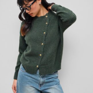 Dark green asymmetrical button-down crew neck cardigan