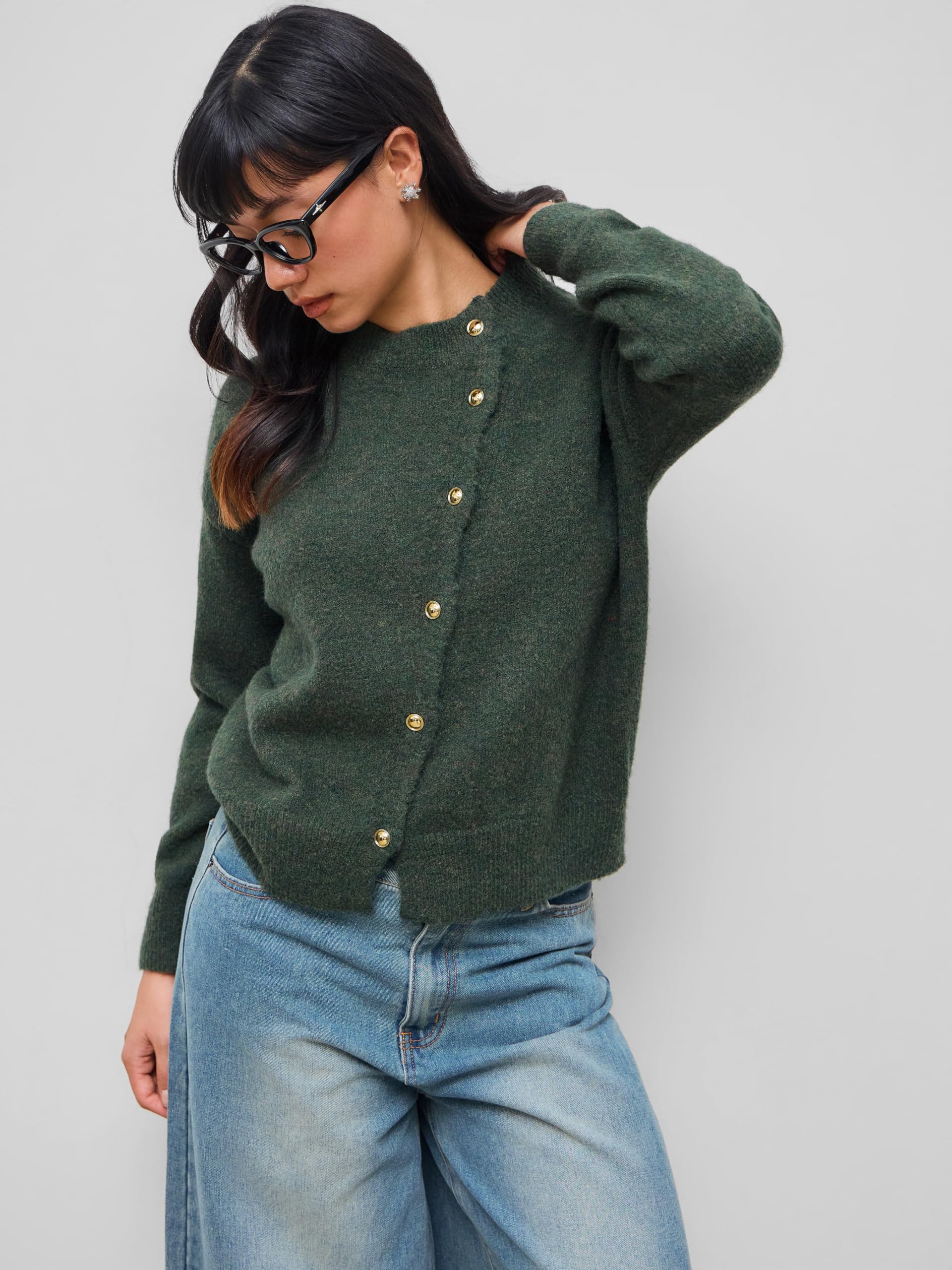Dark green asymmetrical button-down crew neck cardigan