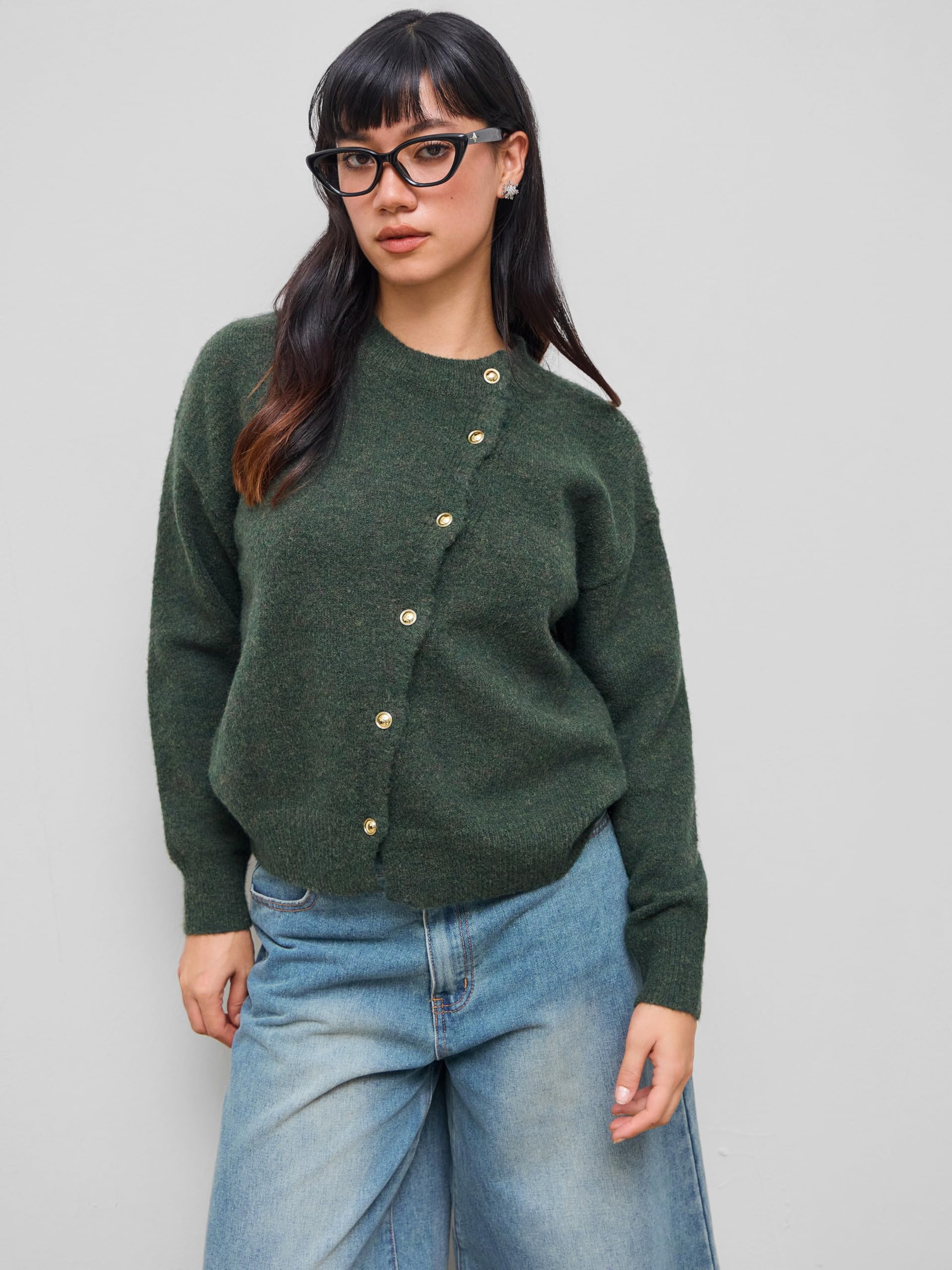 Dark green asymmetrical button-down crew neck cardigan - Image 3