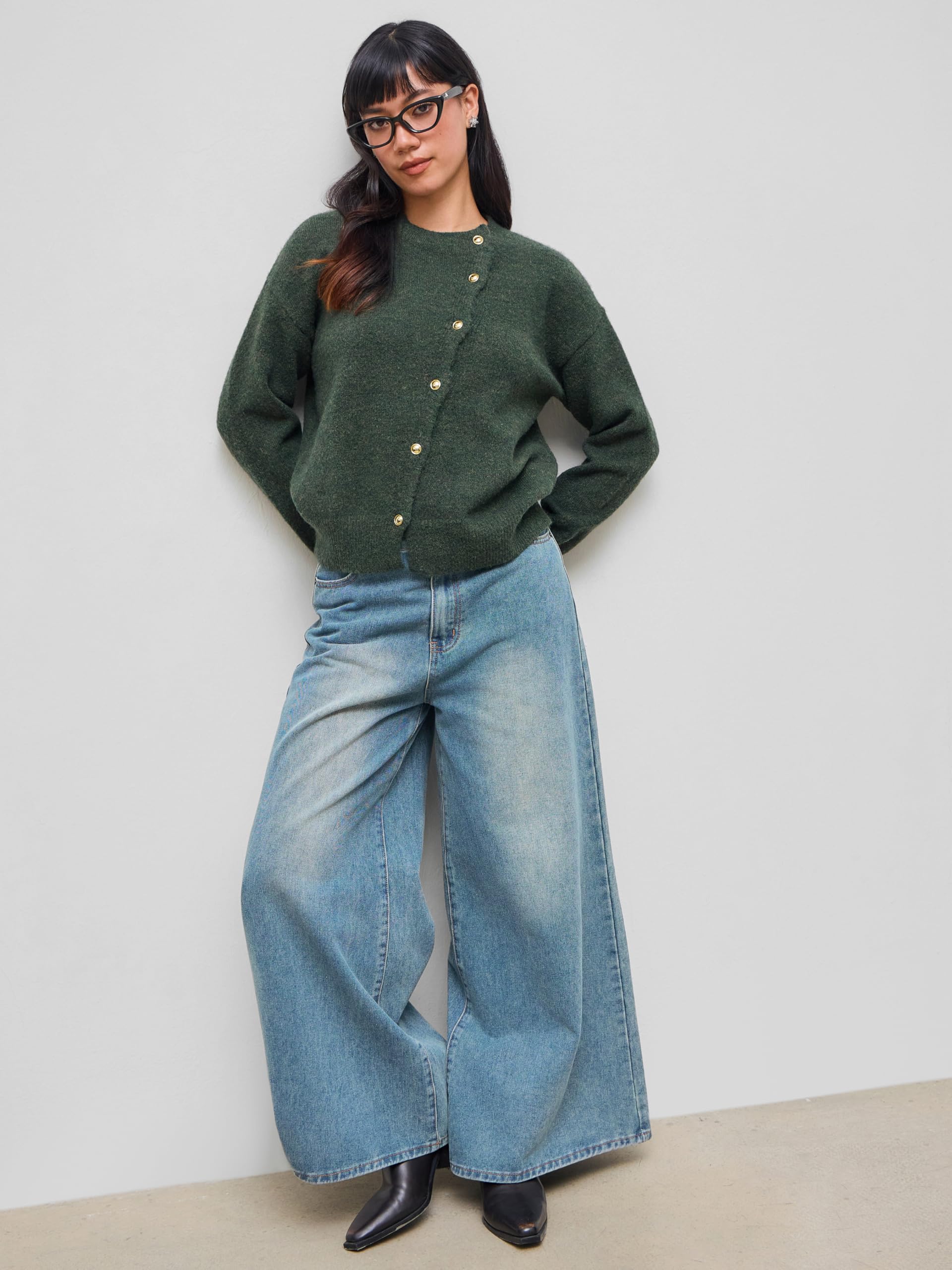 Dark green asymmetrical button-down crew neck cardigan - Image 2