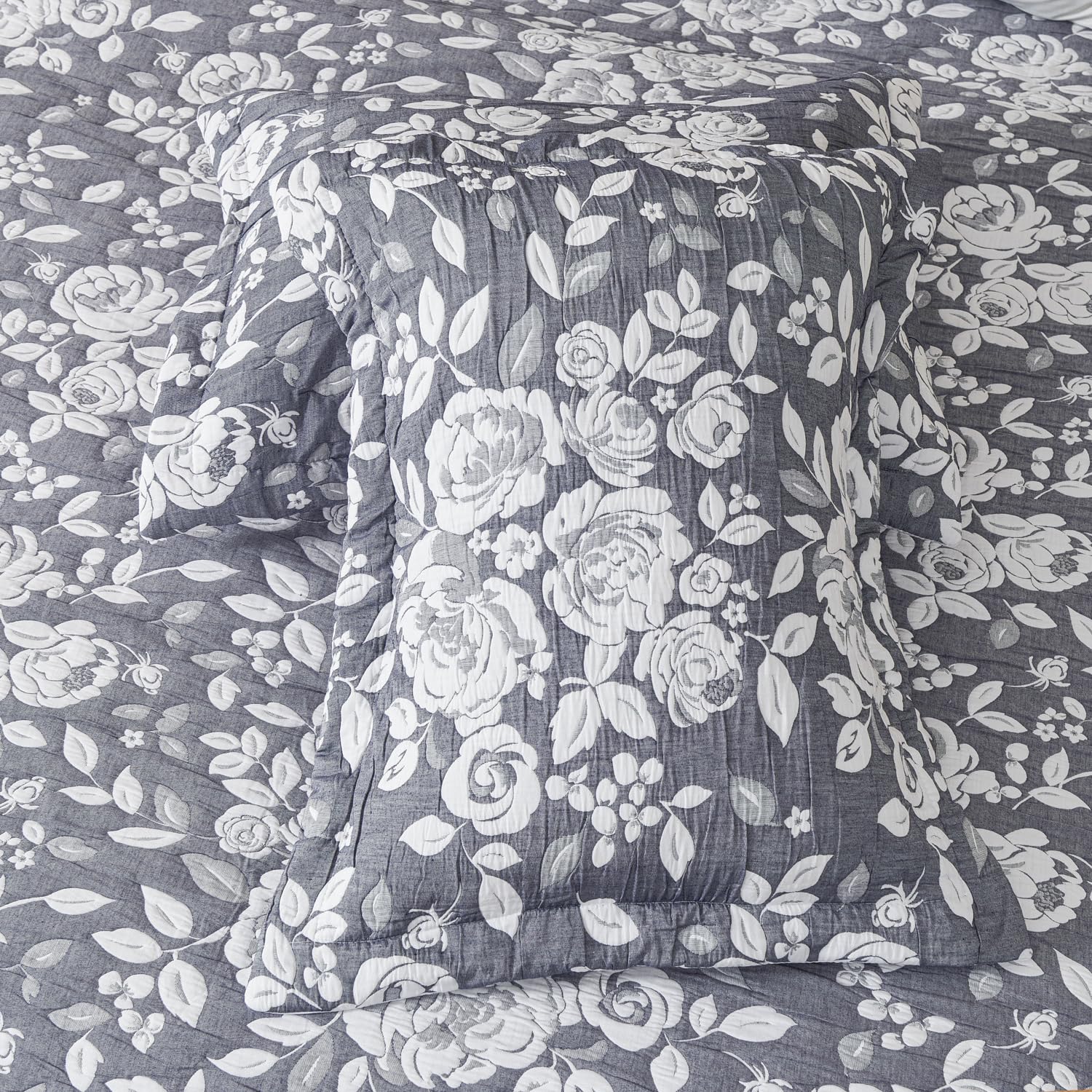 Charcoal Grey Rose Garden Three-Piece Quilt Set - Image 5