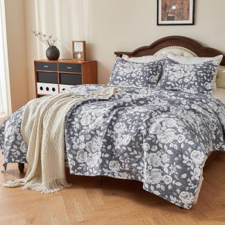 Charcoal Grey Rose Garden Three-Piece Quilt Set
