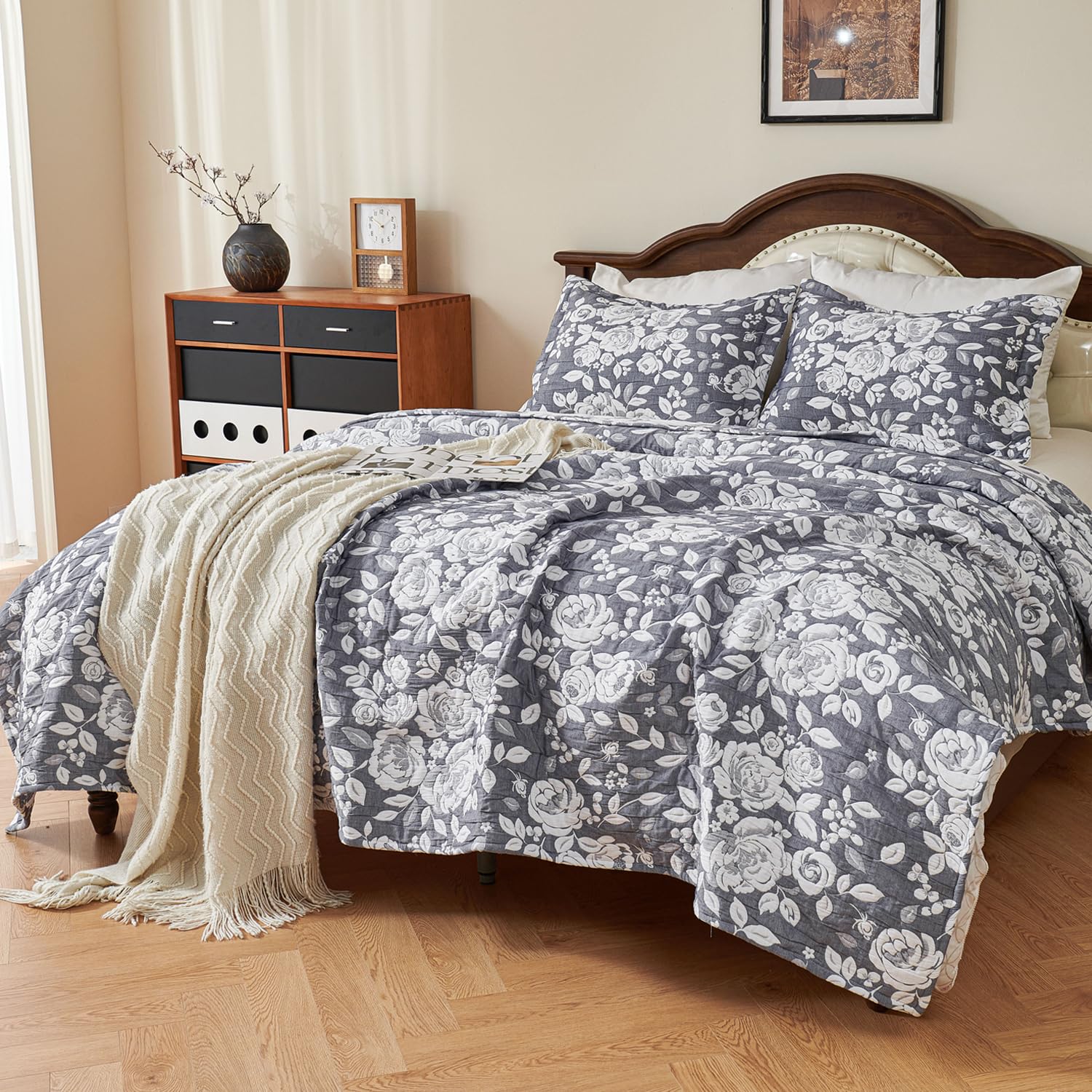 Charcoal Grey Rose Garden Three-Piece Quilt Set