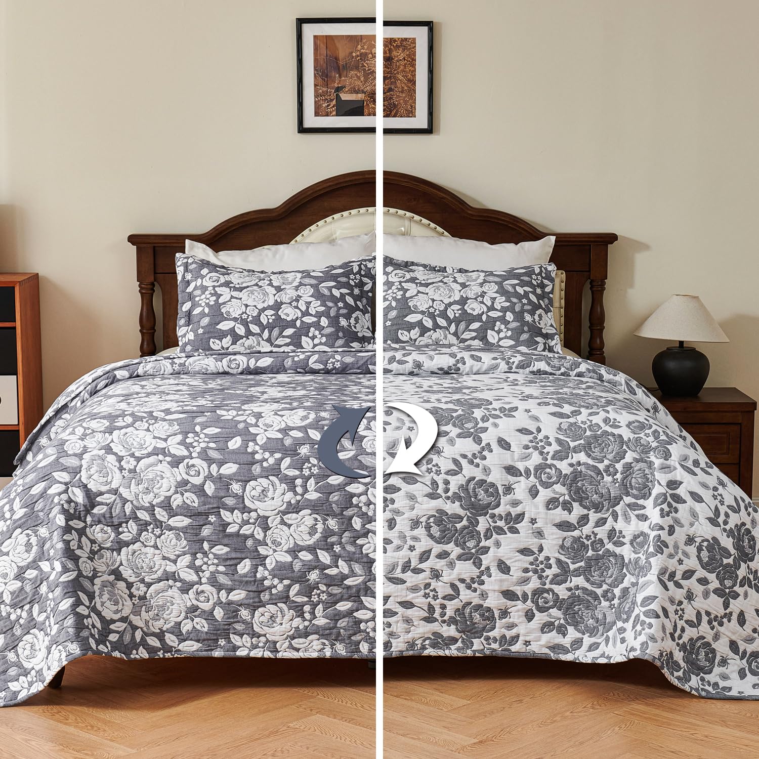 Charcoal Grey Rose Garden Three-Piece Quilt Set - Image 3
