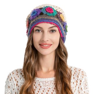 Colorful crochet flower knitted hat with a relaxed style