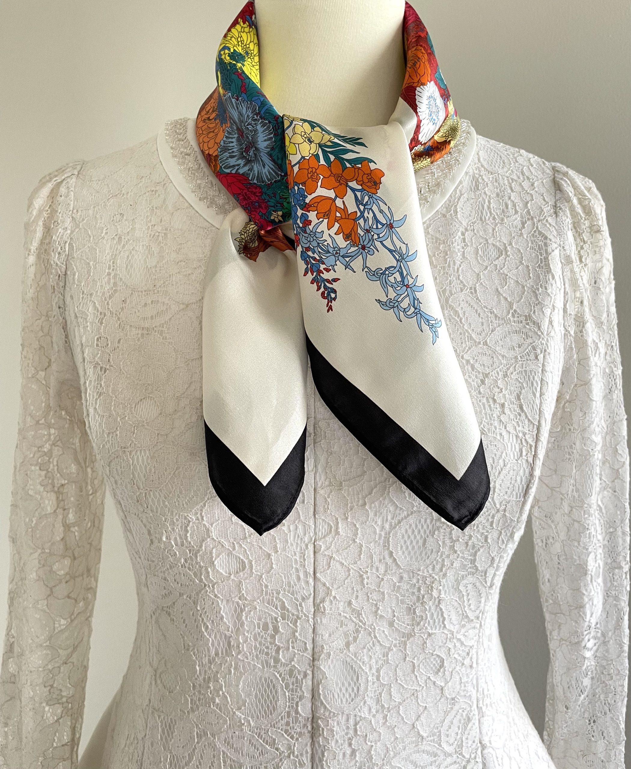 Colorful flowers and white border square scarf