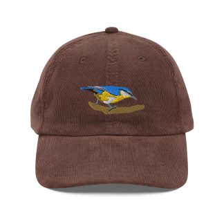 Corduroy blue and yellow bird embroidered hat