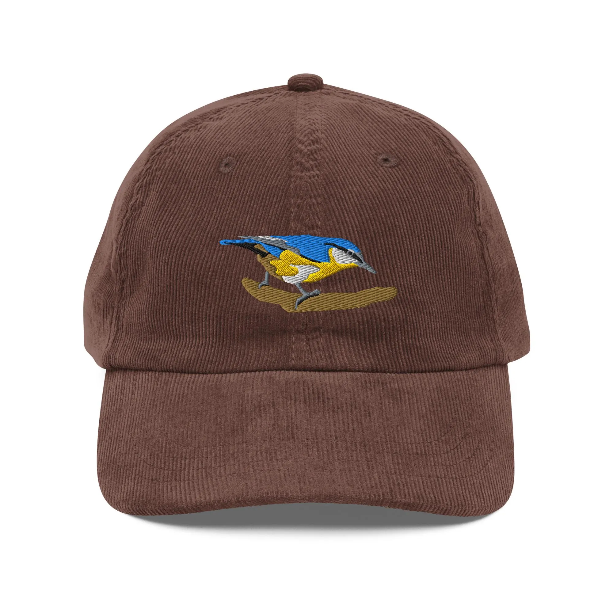 Corduroy blue and yellow bird embroidered hat