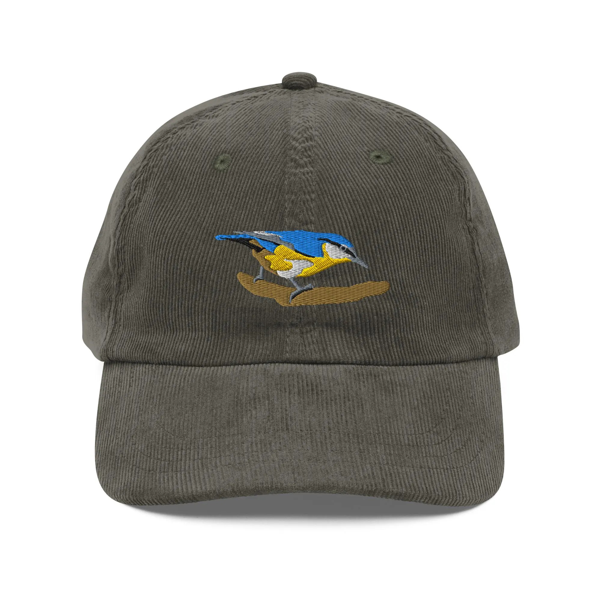 Corduroy blue and yellow bird embroidered hat - Image 2