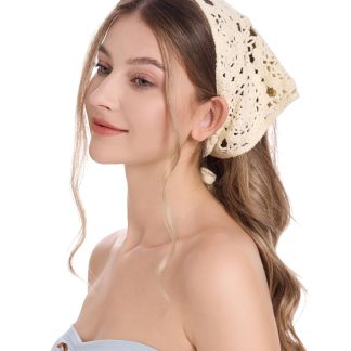 Cream-colored crocheted headscarf hat
