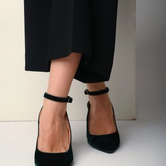 Dark green velvet ankle strap chunky heels