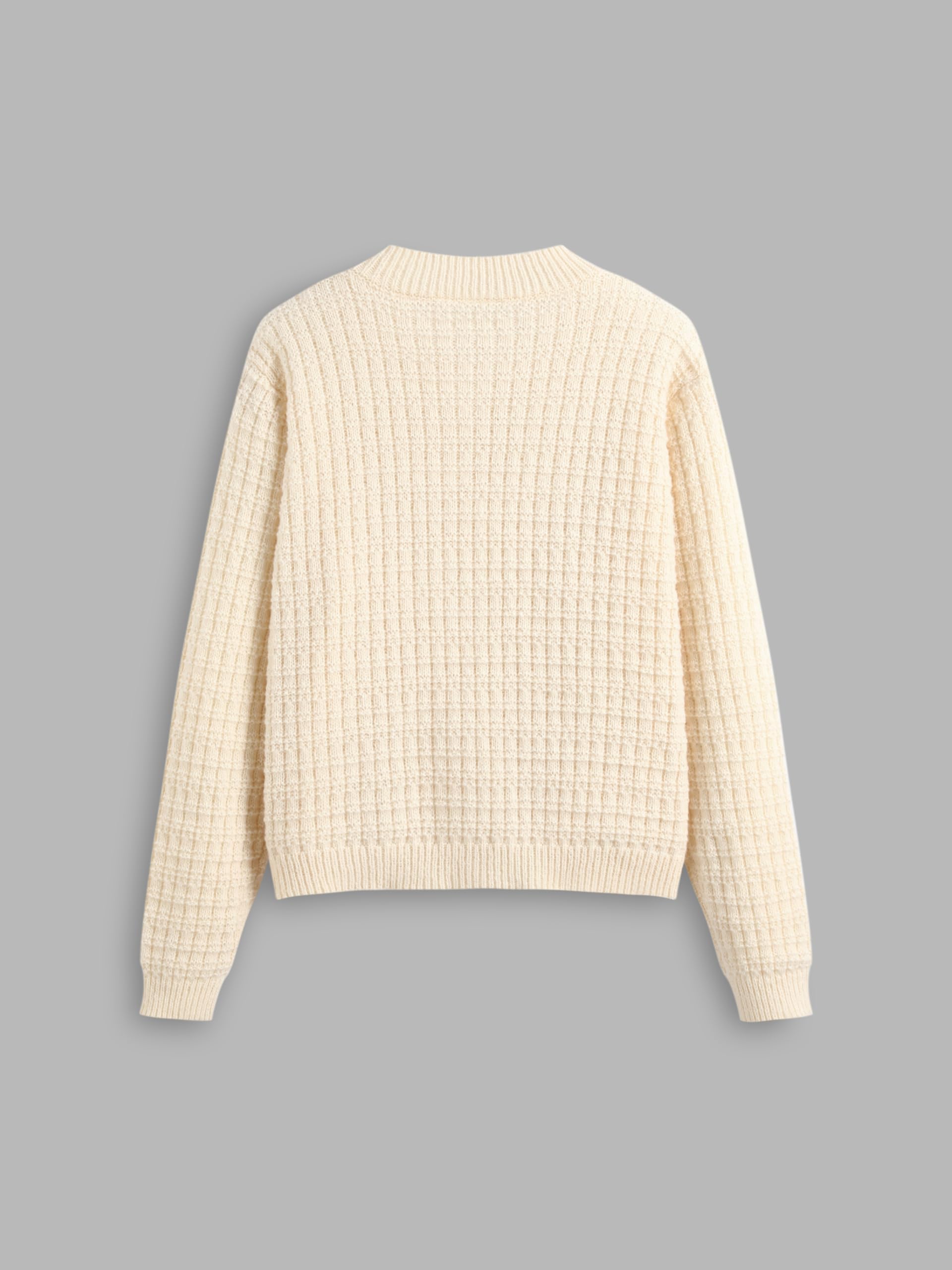 Cream-colored waffle check crew neck cardigan - Image 7