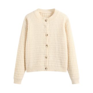 Cream-colored waffle check crew neck cardigan