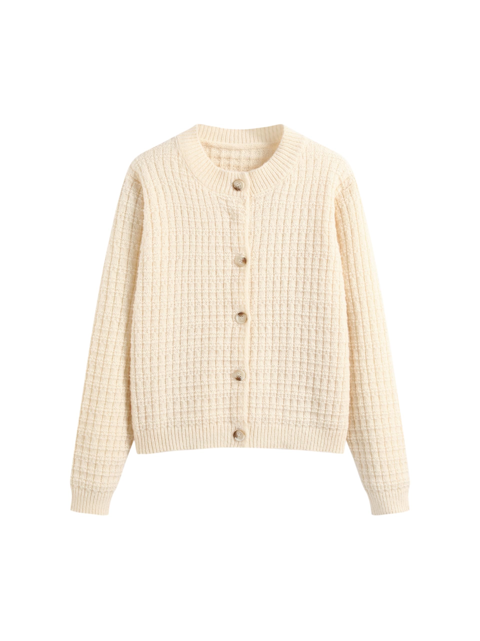 Cream-colored waffle check crew neck cardigan