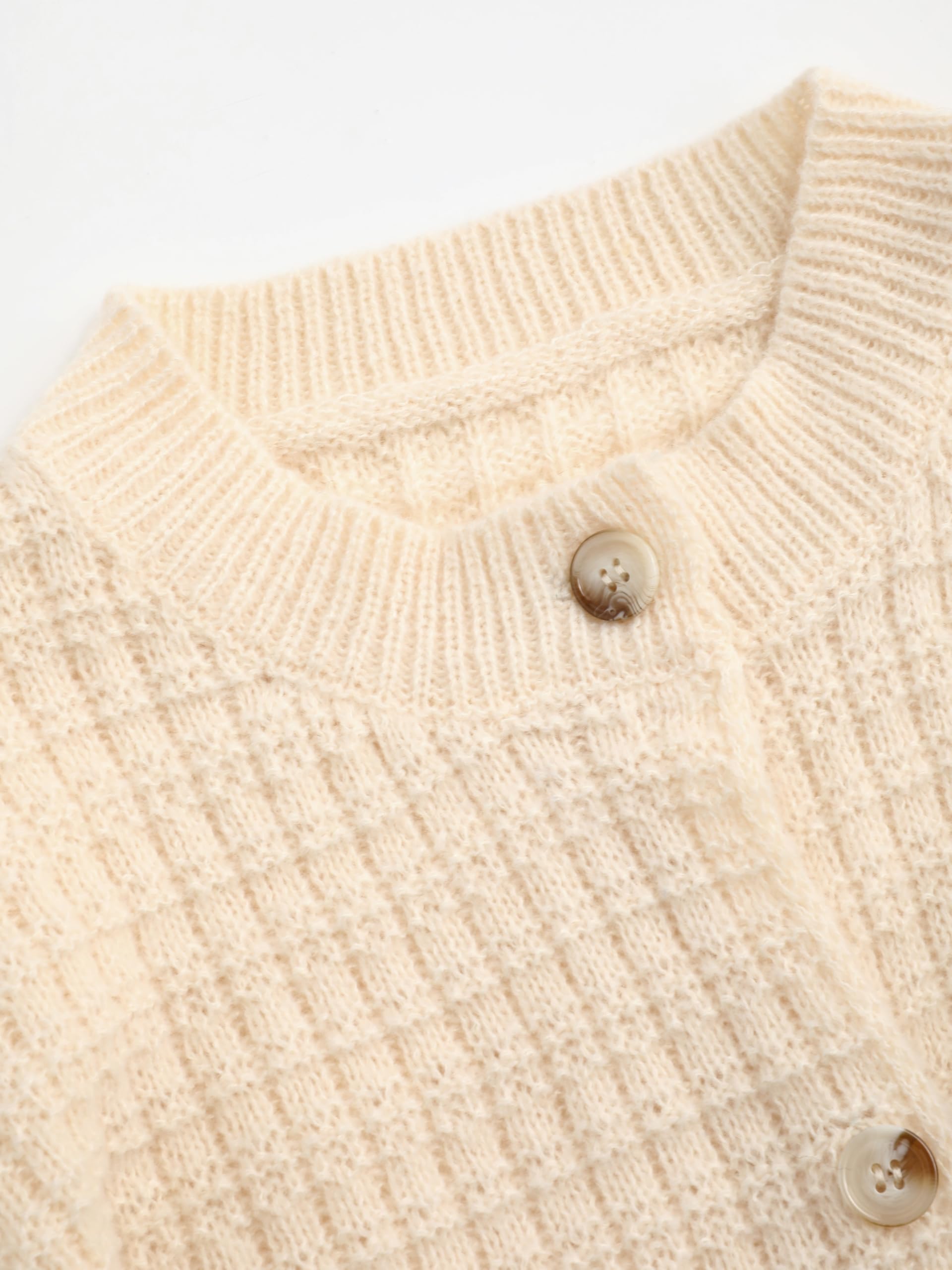 Cream-colored waffle check crew neck cardigan - Image 5