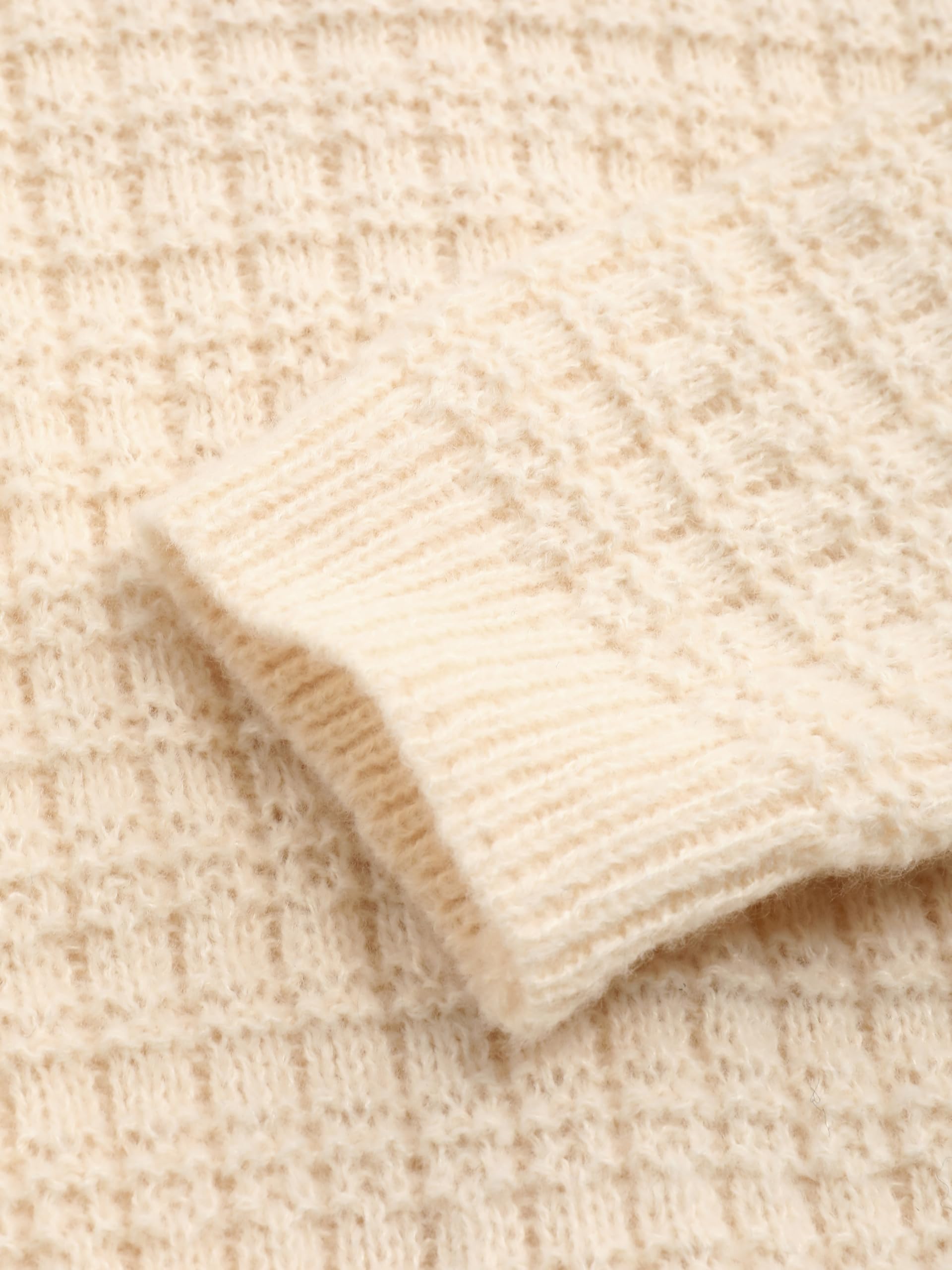 Cream-colored waffle check crew neck cardigan - Image 4