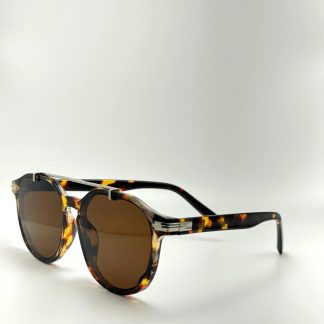 Double-bridge light luxury brown round sunglasses