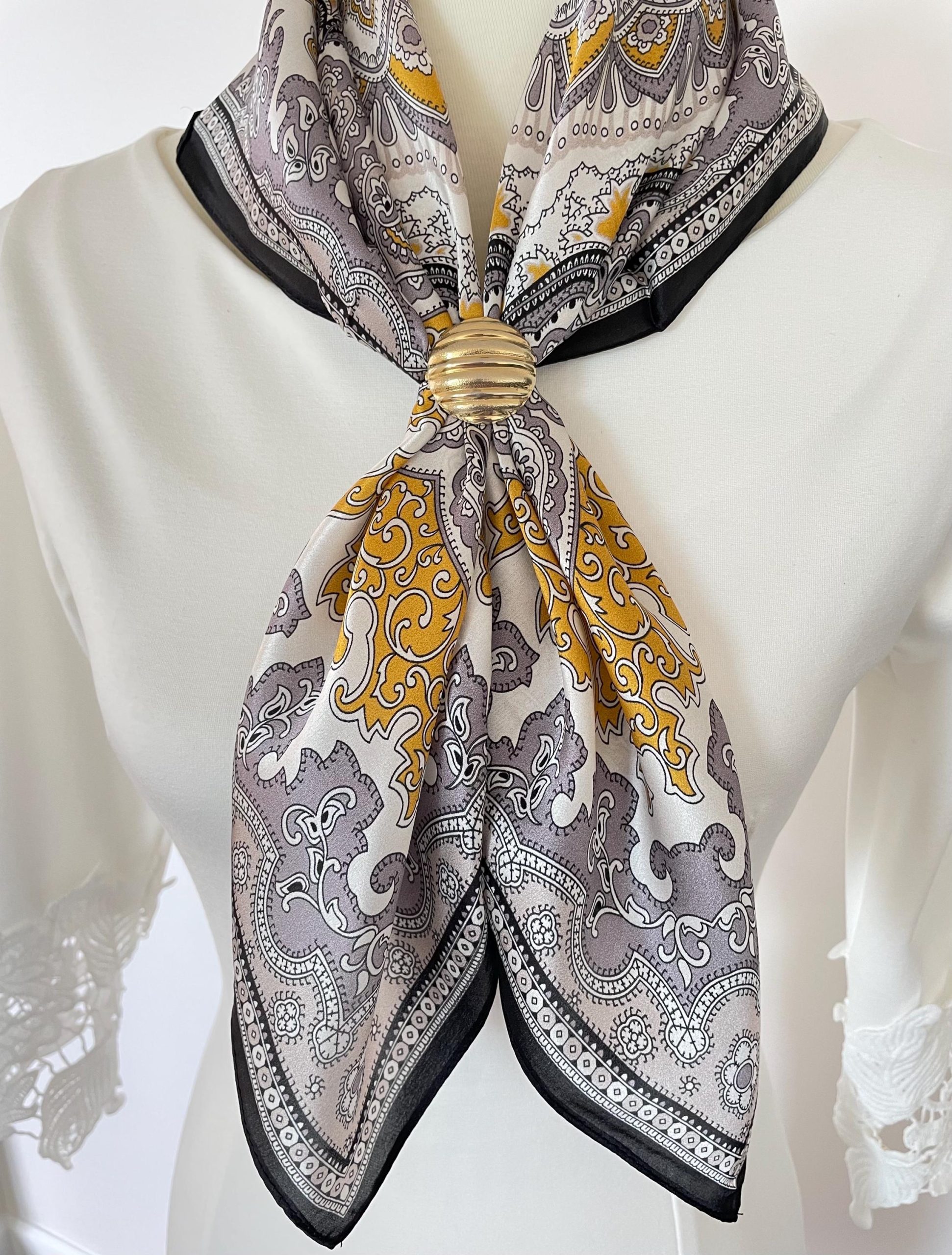 Gold and gray paisley vintage pattern square scarf - Image 6
