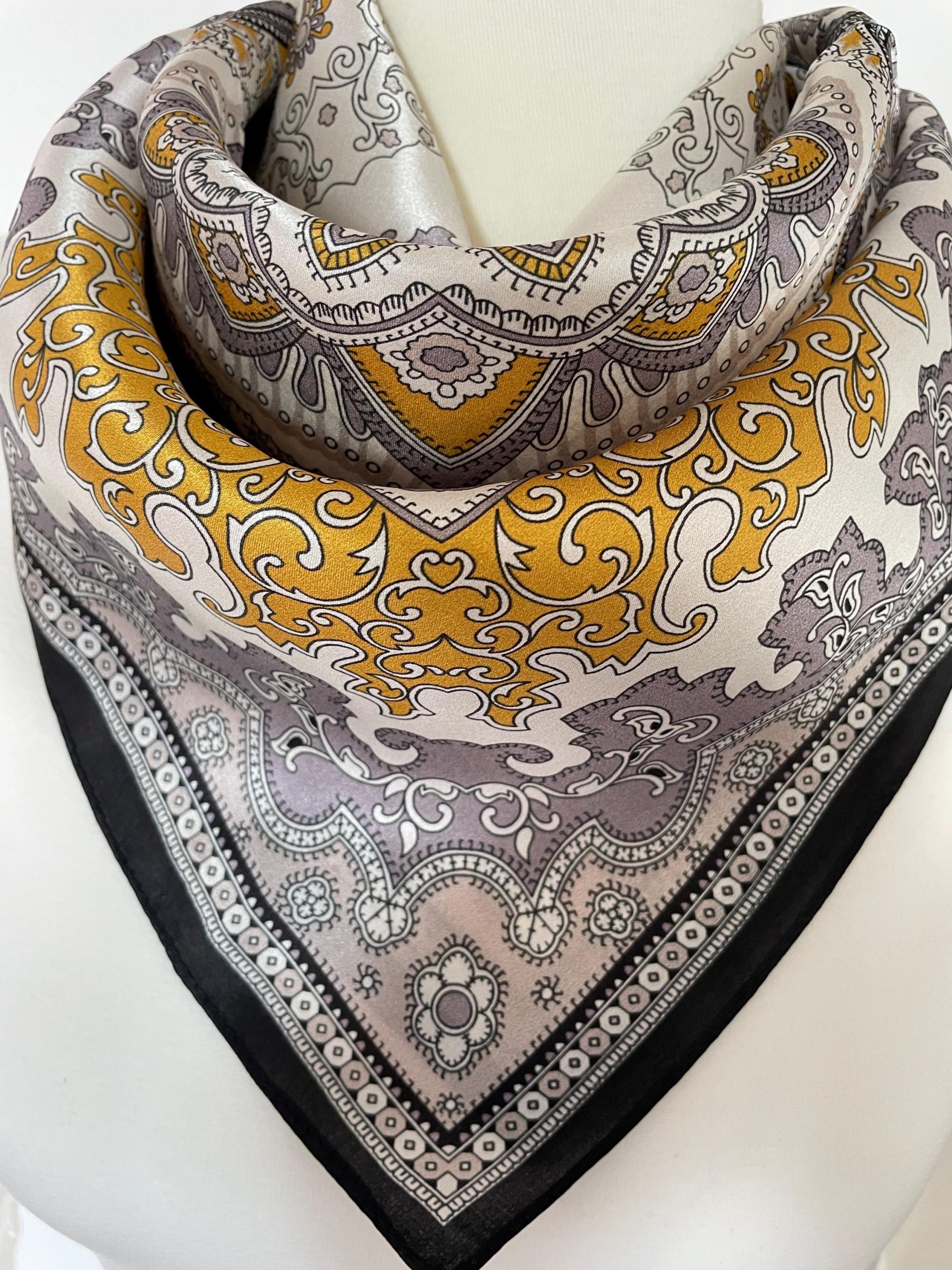 Gold and gray paisley vintage pattern square scarf - Image 2