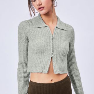 Grey ribbed polo collar zip-up cardigan