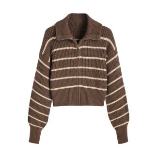 Brown and white striped half-zip sweater
