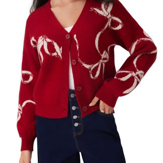 Red V-neck jacquard cardigan with bow