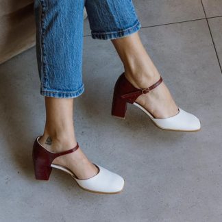 Ivory white and burgundy Mary Jane chunky heels