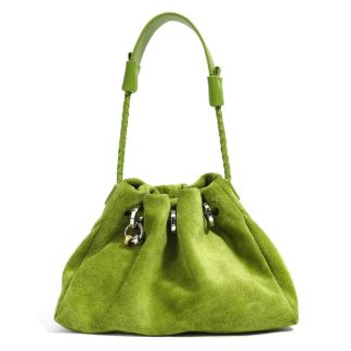 lime-colored suede drawstring clutch