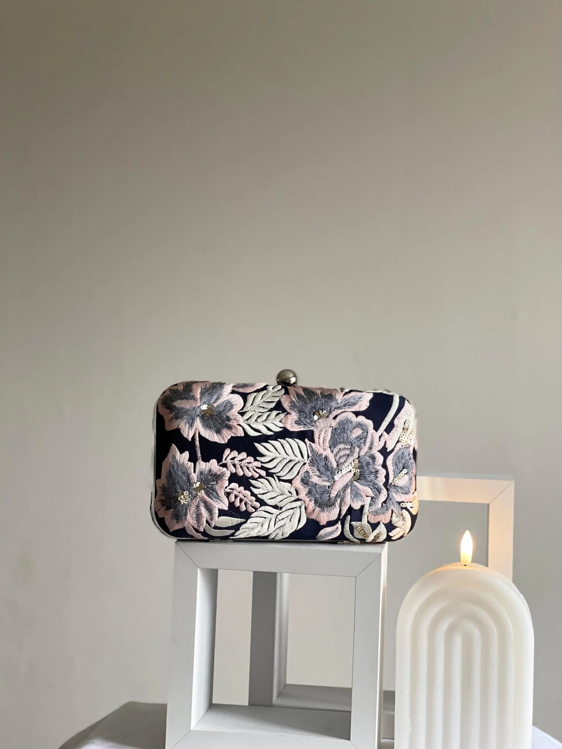 Embroidered Navy Blue and Pastel Floral Handbag