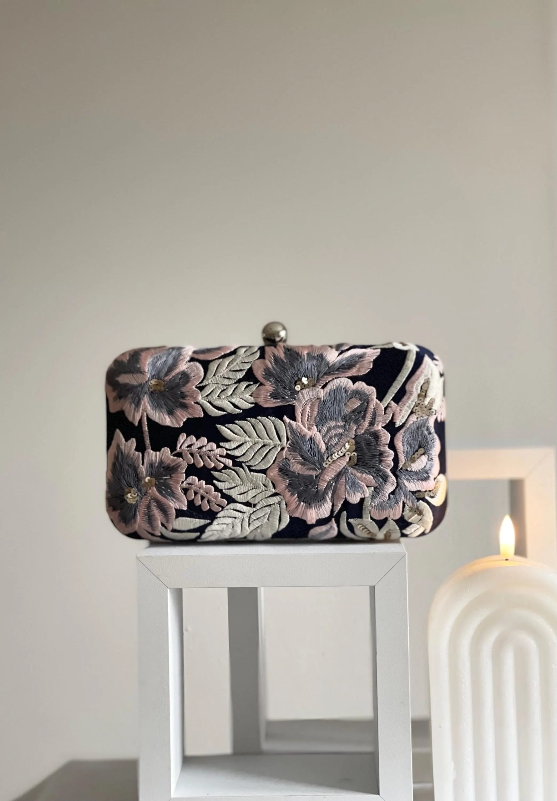 Embroidered Navy Blue and Pastel Floral Handbag - Image 2