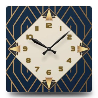 Square clock with hidden gold geometric fan pattern