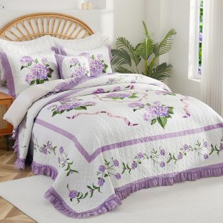 Lavender and hydrangea ruffle three-piece comforter set