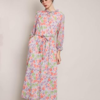 Lavender-colored floral print maxi dress