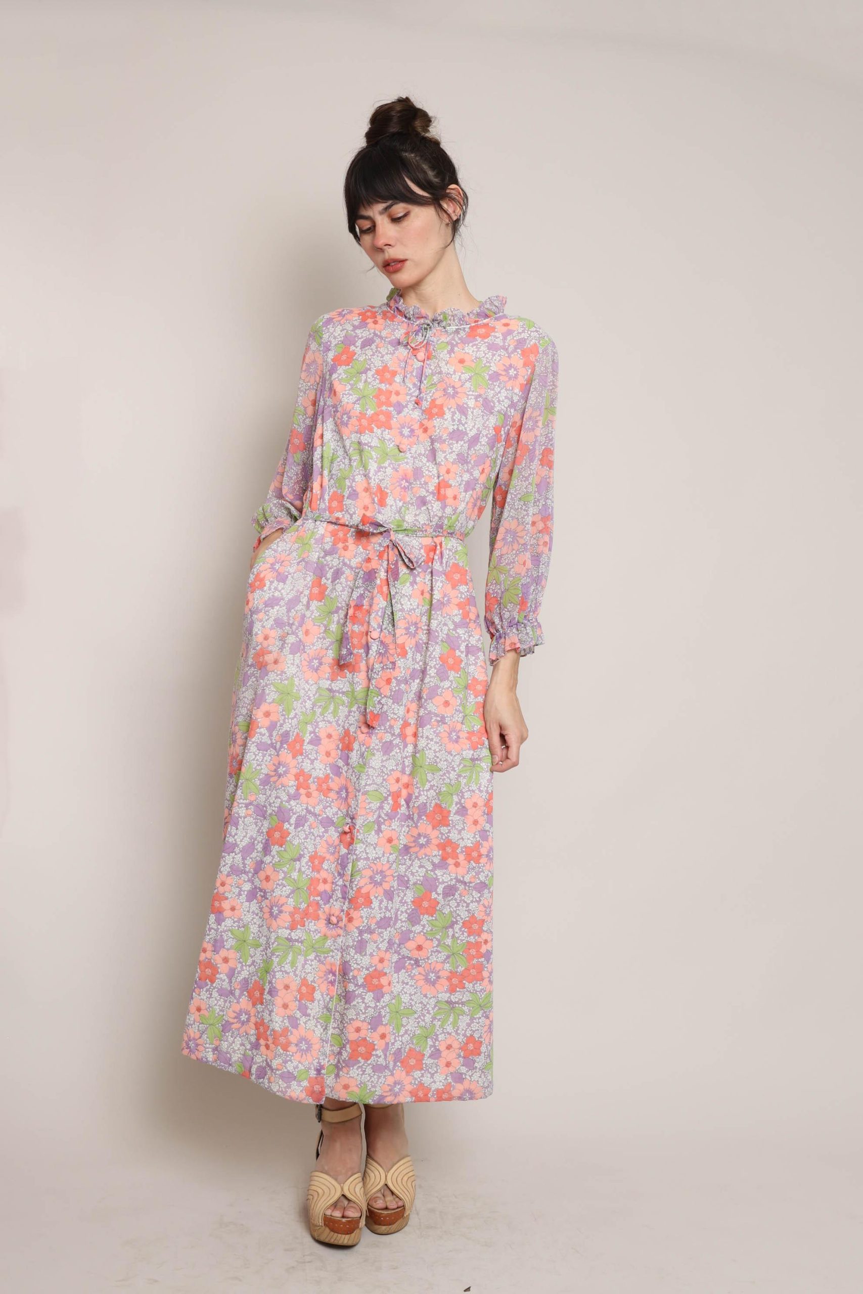 Lavender-colored floral print maxi dress