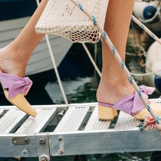 Lemon plaid mules with light purple bow